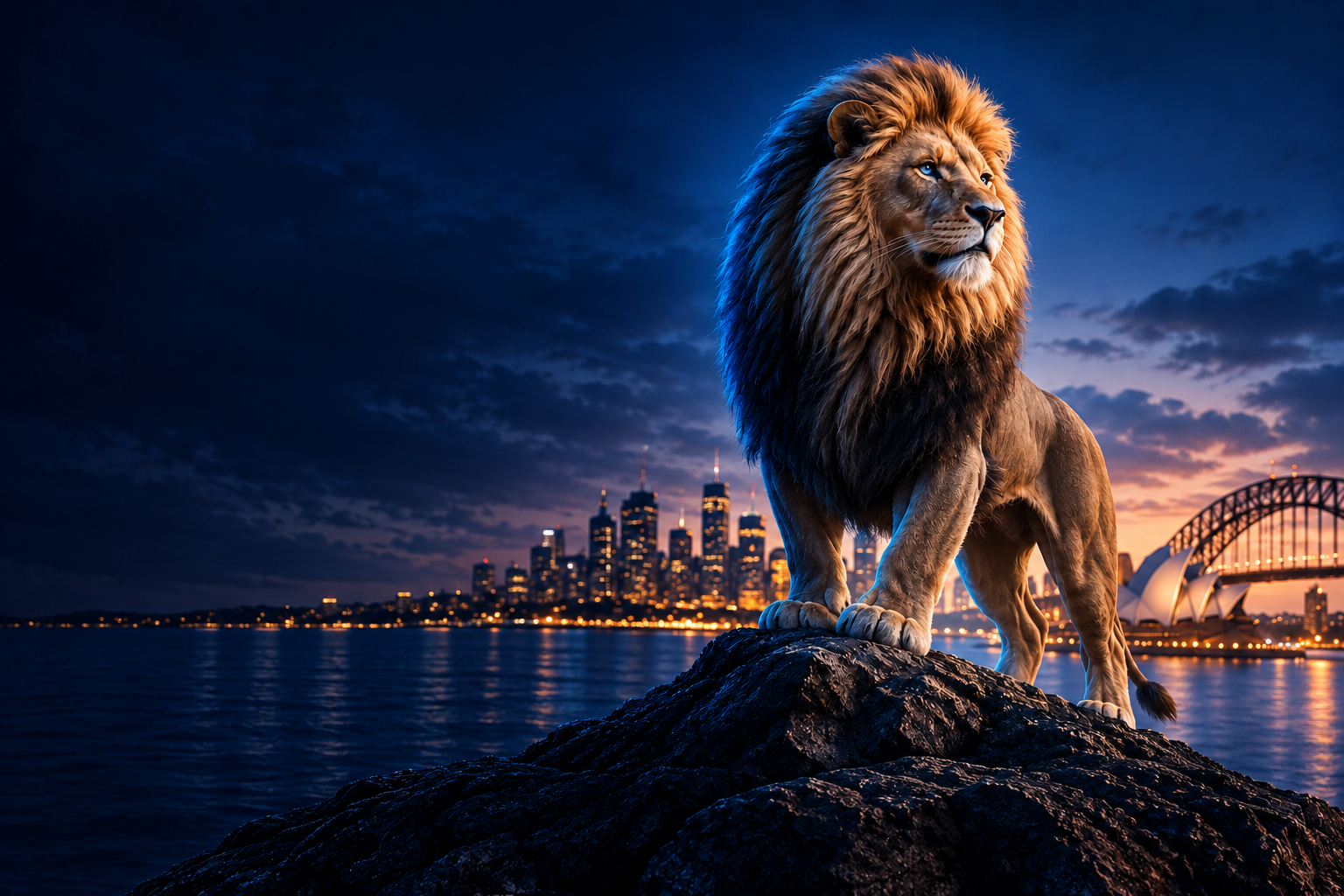 A realistic lion above Sydney Harbour at dusk